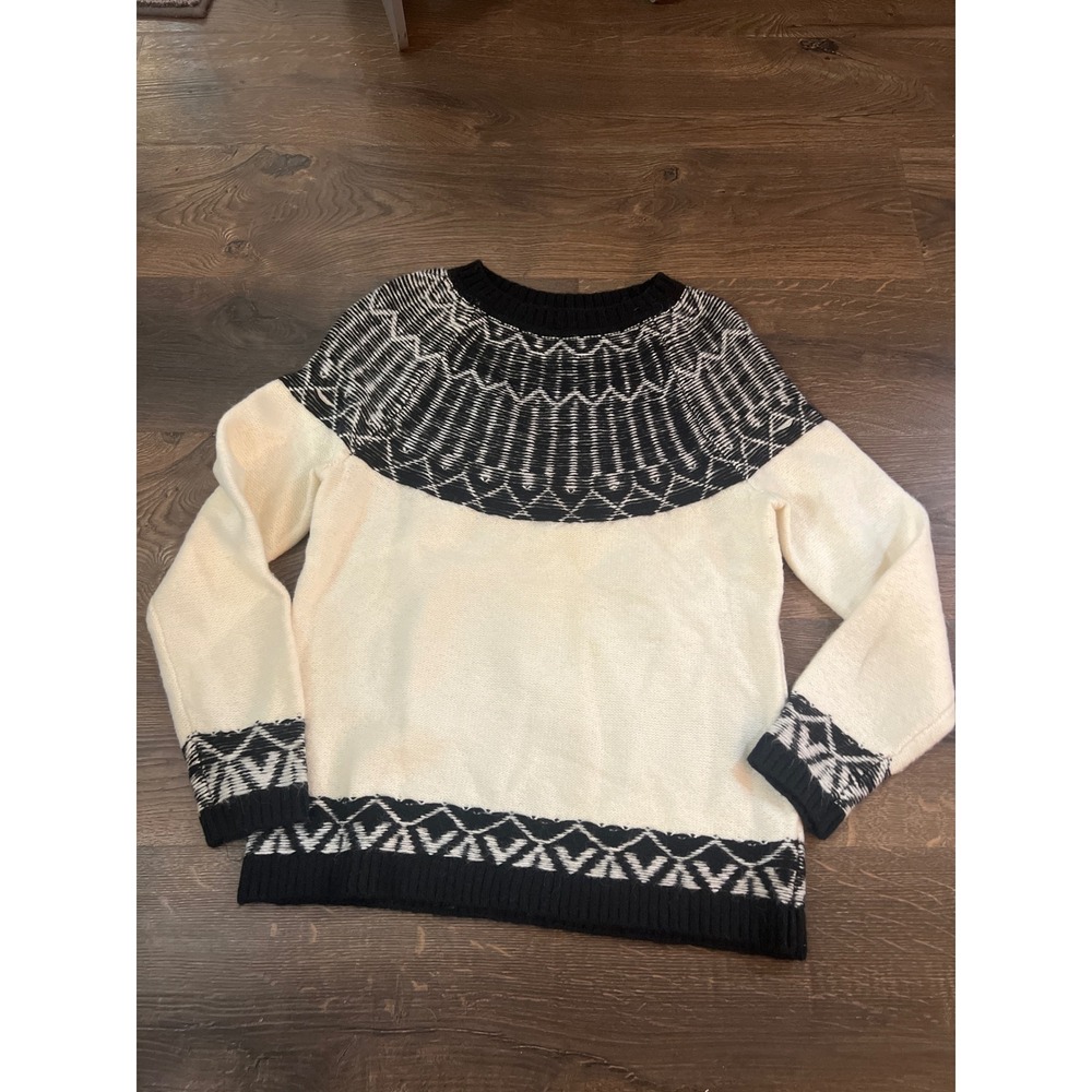 Talbots Petite Womens Medium PM Black White Fair Isle Knit Pullover Sweater